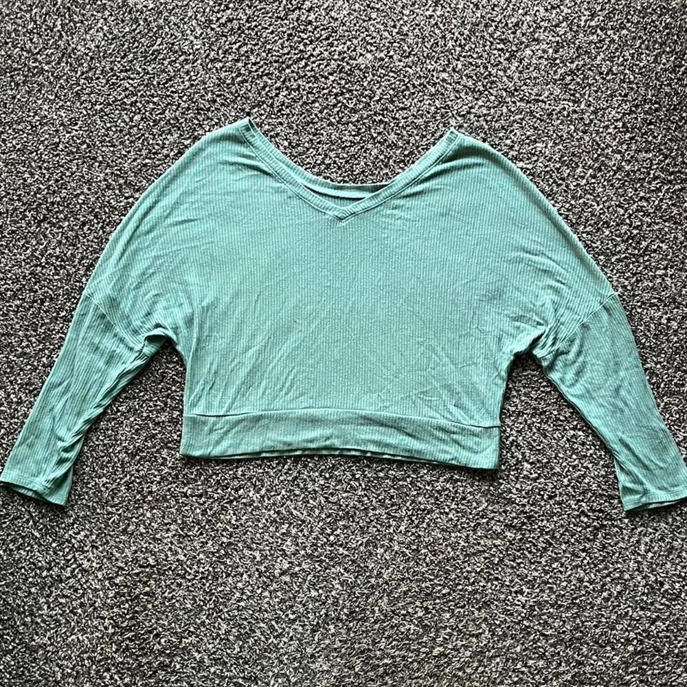 Auden Blouse Womens Medium Teal Cropped Top 3/4 Sleeve Shirt